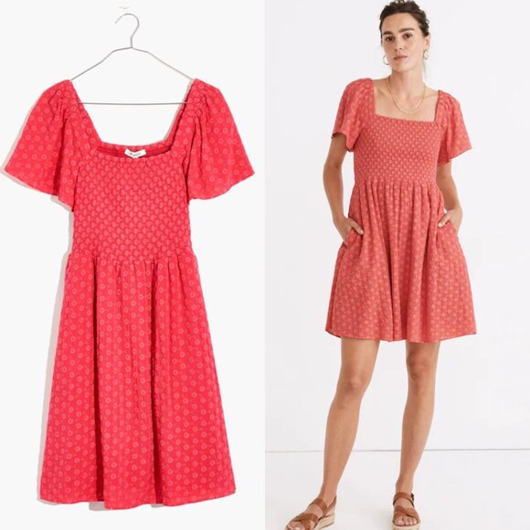 Madewell Americana Red Eyelet Embroidered Lucie Smocked Mini Dress - Picture 1 of 6